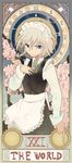  apron blue_eyes bow braid hair_bow izayoi_sakuya maid_headdress mieharu short_hair silver_hair solo tarot the_world_(tarot_card) touhou twin_braids watch 