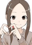  absurdres brown_eyes brown_hair brown_sweater closed_mouth finger_heart forehead highres inaba_mifumi karakai_jouzu_no_(moto)_takagi-san karakai_jouzu_no_takagi-san looking_at_viewer own_hands_together ponytail simple_background smile sweater takagi-san upper_body white_background 