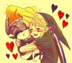  1girl :t annoyed bad_id bad_pixiv_id blonde_hair chibi cottelee hands happy hat heart helmet hug imp link long_sleeves midna o..o orange_hair pointy_ears saliva sheath sheathed shield simple_background sword the_legend_of_zelda the_legend_of_zelda:_twilight_princess weapon wince yellow_background yellow_eyes 