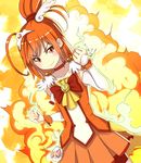  ahoge choker clenched_hands collarbone cure_sunny explosion fiery_background fire hair_bun hino_akane_(smile_precure!) magical_girl nosuku orange_(color) orange_background orange_choker orange_eyes orange_hair orange_skirt precure red_shorts shorts shorts_under_skirt skirt smile smile_precure! solo tiara 