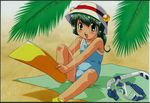  beach beach_towel child green_eyes green_hair hat kaeru_no_lulu snorkel swim_fin swim_mask swimsuit tenshi_no_shippo towel 
