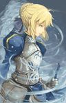  ahoge armor armored_dress artoria_pendragon_(all) blonde_hair dress excalibur fate/stay_night fate_(series) gauntlets green_eyes hair_ribbon highres puffy_sleeves ribbon ripu_(vincecarter) saber solo sword weapon wind 