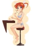  bangs bar_stool bare_shoulders barefoot bikini blue_eyes blush bow cake feet flat_chest food foot_dangle fork from_side full_body hair_bow holding holding_fork kouno_hikaru looking_at_viewer lyrical_nanoha mahou_shoujo_lyrical_nanoha navel side-tie_bikini sitting solo stool striped striped_bikini swimsuit takamachi_nanoha twintails 