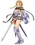  armor blonde_hair blue_eyes breasts female leina long_hair queen&#039;s_blade queen's_blade shield solo standing sword weapon 