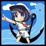 anchor ascot bad_id bad_pixiv_id blue_eyes border chibi cloud day hat kou512a murasa_minamitsu navel outstretched_arm pointing purple_hair sky smile solo touhou waves 