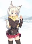  animal animal_ears bad_id bad_pixiv_id black_legwear blue_eyes fingernails fox_ears fox_tail hamster light_smile nekomu original pleated_skirt scarf skirt snow solo tail thighhighs white_hair yellow_scarf zettai_ryouiki 