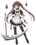  airi_(queen's_blade) black_ribbon breasts brown_hair cleavage ghost green_eyes holding holding_weapon long_hair looking_at_viewer maid maid_headdress medium_breasts queen's_blade ribbon scythe simple_background solo thighhighs twintails weapon white_background 