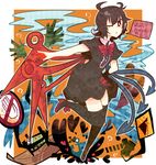  ? anchor asymmetrical_wings bad_id bad_pixiv_id black_hair black_legwear car dress english ground_vehicle hands heart high_heels highres houjuu_nue itomugi-kun motor_vehicle one_eye_closed palanquin_ship red_eyes shadow ship shoes short_hair sign smile solo text_focus thighhighs touhou water watercraft wings zettai_ryouiki 