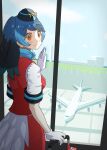  1girl absurdres aircraft airplane airport bird_girl bird_wings black_hair blue_hair blue_headwear blue_scarf blush commentary_request garrison_cap gloves hat head_wings highres kemono_friends long_hair looking_at_viewer multicolored_hair ookii_yama orange_eyes passenger_pigeon_(kemono_friends) pencil_skirt red_skirt red_vest scarf shirt short_sleeves skirt smile solo t-shirt vest white_gloves white_shirt wings 