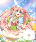  :d bow cure_daisy_(galibo) eyelashes fingerless_gloves flower galibo gloves hair_bow open_mouth original pink_bow precure smile solo tarano_may_(galibo) twintails 