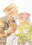  1girl beard closed_eyes couple facial_hair flower forehead_kiss hat hetero ina_(gonsora) kiss long_hair old_man old_woman original smile traditional_media watercolor_(medium) white_hair 