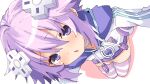  1girl choker commentary_request d-pad d-pad_hair_ornament hair_between_eyes hair_ornament hood hoodie iwashi_dorobou_-r- looking_at_viewer neptune_(neptune_series) neptune_(series) purple_eyes purple_footwear purple_hair short_hair smile solo striped striped_thighhighs thighhighs white_choker 