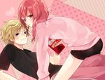  1girl blonde_hair blue_eyes food girl_on_top heart hiyo_kiki inu_x_boku_ss looking_at_viewer mouth_hold pink_eyes pink_hair pocky roromiya_karuta short_hair shorts watanuki_banri 