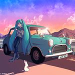  39 2012 aqua_eyes aqua_hair boots car cat cloud dated ground_vehicle hatsune_miku kei-suwabe long_hair mini_cooper motor_vehicle sky solo striped twintails very_long_hair vocaloid 