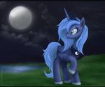  blue_eyes blue_hair cloud crown equine female feral friendship_is_magic grass hair hi_res horn horse mammal mn27 moon my_little_pony necklace night outside pony princess_luna_(mlp) sky solo sparkle sparkles star water winged_unicorn wings 