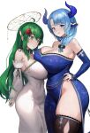  2girls animal_ears asymmetrical_docking bangs black_bow black_thighhighs blonde_hair blue_eyes blue_hair blush bow breast_press breasts covered_navel cow_ears detached_sleeves drawfag dress english_commentary green_eyes hair_behind_ear hair_bow hair_over_shoulder halo hand_on_hip highres horns huge_breasts indie_virtual_youtuber koopa_fortuna large_breasts medium_hair miilkywayz multiple_girls skindentation sleeves_past_wrists smile strapless strapless_dress surprised thick_thighs thighhighs thighs 