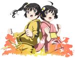  amahara_hiroaki araragi_karen araragi_tsukihi back-to-back bad_id bad_pixiv_id black_eyes black_hair hood hooded_track_jacket jacket japanese_clothes kimono long_hair monogatari_(series) multiple_girls nisemonogatari short_hair siblings side_ponytail sisters track_jacket 