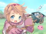  1girl :3 bag blonde_hair blue_eyes blush byo_(kuro_usagi) cart child cloud coat fang gloves hairband happy looking_at_viewer merchant merchant_(ragnarok_online) milk milk_bottle open_mouth original outdoors poring ragnarok_online short_hair sky smile teeth 