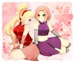  2girls azu_(kirara310) bare_shoulders blonde_hair blue_eyes character_name cosplay costume_switch fishnets green_eyes hair_over_one_eye haruno_sakura kirara310 long_hair midriff multiple_girls naruto navel pink_hair ponytail sitting smile yamanaka_ino 