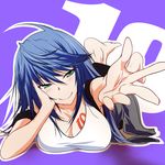  barefoot blush breasts chin_rest cleavage green_eyes itagaki_tatsuko kawagishi_keitarou large_breasts light_blue_hair long_hair lying maji_de_watashi_ni_koi_shinasai! on_stomach outstretched_hand smile solo 