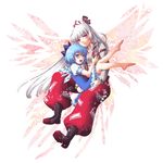  bad_id bad_pixiv_id barefoot blue_hair boots bow carrying cirno en_la_festa fujiwara_no_mokou full_body hair_bow ice ice_wings long_hair multiple_girls pants short_hair silver_hair simple_background touhou white_background wings 