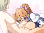  aquarion_(series) aquarion_evol bad_id bad_pixiv_id blue_eyes blush bow breasts brown_hair censored cum cum_in_mouth fellatio glasses green_hair hair_bow hetero large_breasts mix_(aquarion) oral paizuri penis ponytail shirayuki_usami solo_focus 