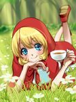  :q blonde_hair blue_eyes blush bulleta chin_rest cookie cup dress food galibo grass green_background hood lying nature on_grass on_stomach outdoors red_dress shoes short_hair solo tea teacup tongue tongue_out vampire_(game) 
