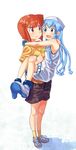  aizawa_eiko blue_eyes blue_hair brown_eyes brown_hair carrying casual dress hat ikamusume kikiki_(hiya_mikan) long_hair multiple_girls princess_carry shinryaku!_ikamusume short_hair tentacle_hair 