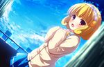  blonde_hair blue_background brown_eyes cardigan cloud day dutch_angle hairband kise_yayoi nanairogaoka_middle_school_uniform nervous open_mouth precure rennkuu school_uniform short_hair skirt sky smile_precure! solo wavy_mouth white_hairband 