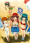  beach bell breasts brown_hair cleavage cooler flag green_hair highres inko_no_tsubasa kaeru_no_ruru kingyo_no_ran kitsune_no_akane long_hair popsicle red_hair swimsuit tenshi_no_shippo 