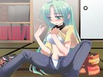  blush bra green_eyes green_hair higurashi_no_naku_koro_ni panties shirt_lift sonozaki_mion underwear undressing unzipped_pants 