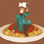  :d axis_powers_hetalia bad_id bad_pixiv_id boots brown_background brown_eyes brown_hair flag food holding lemontea male_focus necktie northern_italy_(hetalia) open_mouth pasta plate sitting smile solo spaghetti uniform white_flag 