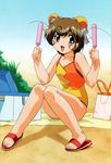  absurdres bag beach beach_towel brown_eyes brown_hair bun_cover cooler double_bun double_buns hamster_no_kurumi highres popsicle swimsuit tenshi_no_shippo towel 