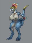  2019 anthro armor big_breasts blue_body blue_scales breasts female frill_(anatomy) head_crest head_frill headgear headgear_only helmet helmet_only hi_res jewelry lizardman lurking_tyger markings necklace nipples nude pose reptile scales scalie simple_background skink_(warhammer_fantasy) solo tribal tribal_markings warhammer_(franchise) warhammer_fantasy wide_hips yellow_eyes 
