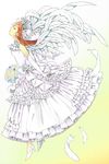  bad_id bad_pixiv_id bare_shoulders bouquet brown_hair closed_eyes crown dress elbow_gloves feathers flower frills gloves high_heels long_hair miy original profile rose shoes solo too_many too_many_frills veil wedding_dress white_flower white_gloves white_rose 