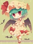  1girl absurdres bat_(animal) bat_wings blue_hair bow character_name chibi collared_shirt dududunune8 frilled_shirt frilled_shirt_collar frilled_sleeves frills full_body green_bow hat head_tilt highres looking_at_viewer mary_janes mob_cap open_mouth pink_headwear pink_shirt pink_skirt puffy_short_sleeves puffy_sleeves red_eyes red_footwear remilia_scarlet ribbon-trimmed_socks shirt shoes short_hair short_sleeves simple_background skirt solo touhou wings 