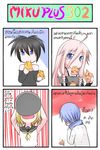  3girls 4koma ahoge arms_up black_hair black_rock_shooter black_rock_shooter_(character) blonde_hair blue_eyes blue_hair blush_stickers braid catstudioinc_(punepuni) chibi comic eating food highres holding_pizza ia_(vocaloid) kagamine_rin kaito long_hair multiple_girls neckerchief off_shoulder open_mouth pink_hair pizza plate scarf shirt short_hair sweat thai translated twin_braids twintails vocaloid 