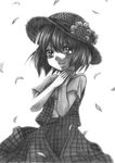  anarogumaaa bad_id bad_pixiv_id flower greyscale hands_together hat hat_flower kazami_yuuka leaf looking_at_viewer monochrome own_hands_together plaid plaid_vest smile solo straw_hat touhou vest wind 