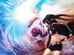  belt bikini_top black_hair black_rock_shooter black_rock_shooter_(character) blue_eyes blue_hair bridal_gauntlets burning_eye hatsune_miku hatsune_miku_(append) hood hoodie long_hair midriff multiple_girls navel nephy open_mouth red_legwear scar short_shorts shorts star sword thighhighs twintails vocaloid vocaloid_append weapon wings 