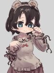  1girl :3 alternate_costume animal_ears bear_ears black_hair blue_eyes blush brown_shirt brown_skirt collar commentary_request cowboy_shot fake_animal_ears frilled_collar frilled_sleeves frills highres kaban_(kemono_friends) kemono_friends long_sleeves looking_at_viewer paw_pose puffy_sleeves shirt short_hair skirt solo tani20200417 