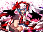  alternate_costume arms_up bat_wings black_legwear blue_hair boots chair cross flower hat headphones headphones_around_neck jewelry kazetto necklace phonograph plaid plaid_skirt red_eyes remilia_scarlet rose short_hair skirt slit_pupils smile solo thighhighs touhou turntable wings 