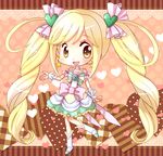  blonde_hair boots bow brown_background brown_eyes choker cure_echo dress earrings eyelashes full_body hiyopuko jewelry long_hair magical_girl pink_bow polka_dot polka_dot_background precure precure_all_stars_new_stage:_mirai_no_tomodachi ribbon sakagami_ayumi smile solo twintails very_long_hair white_choker white_footwear wrist_cuffs 