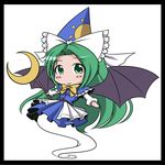  bad_id bad_pixiv_id bat_wings border bow chibi crescent dress floating ghost_tail green_eyes green_hair hat holding kou512a long_hair mima outstretched_arms solo tail touhou touhou_(pc-98) wings 
