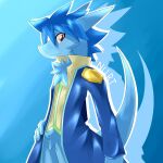  1:1 anthro blue_background blue_body blue_clothing blue_ears blue_fur blue_hair blue_tail blue_topwear cheek_tuft chest_tuft clothed clothing crotch_tuft facial_tuft featureless_crotch fur gradient_background hair hi_res kuttoyaki looking_at_viewer male mouth_closed portrait red_eyes simple_background solo standing tail three-quarter_portrait topwear tuft 