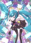  aqua_hair bent_over hatsune_miku headset long_hair magzz necktie purple_eyes skirt solo tell_your_world_(vocaloid) thighhighs twintails very_long_hair vocaloid 
