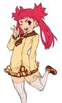  copyright_request headphones kei_(bekei) leg_up long_hair long_sleeves looking_at_viewer one_eye_closed open_mouth plaid plaid_skirt pleated_skirt red_eyes red_hair simple_background skirt solo thighhighs twintails v white_background 