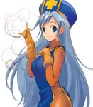  blue_eyes blue_hair bodysuit dragon_quest dragon_quest_iii gloves hat karuta_(karutazia) long_hair mitre orange_bodysuit priest_(dq3) solo tabard 