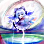  blue_eyes blue_hair bow cirno dress dress_lift full_body looking_at_viewer lowres no_shoes open_mouth short_hair smile socks solo standing standing_on_one_leg touhou tsubasa_(abchipika) white_legwear wings 