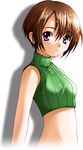  bare_shoulders blush brown_hair final_fantasy final_fantasy_vii midriff purple_eyes short_hair sleeveless sleeveless_turtleneck solo turtleneck yuffie_kisaragi 