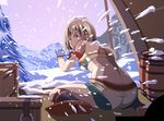  bikini blizzard brown_eyes brown_hair camping cold fingerless_gloves from_behind gloves kneeling lagombi looking_back monster_hunter mountain shoes sitting snow snowing solo swimsuit tsukumo wariza wind 